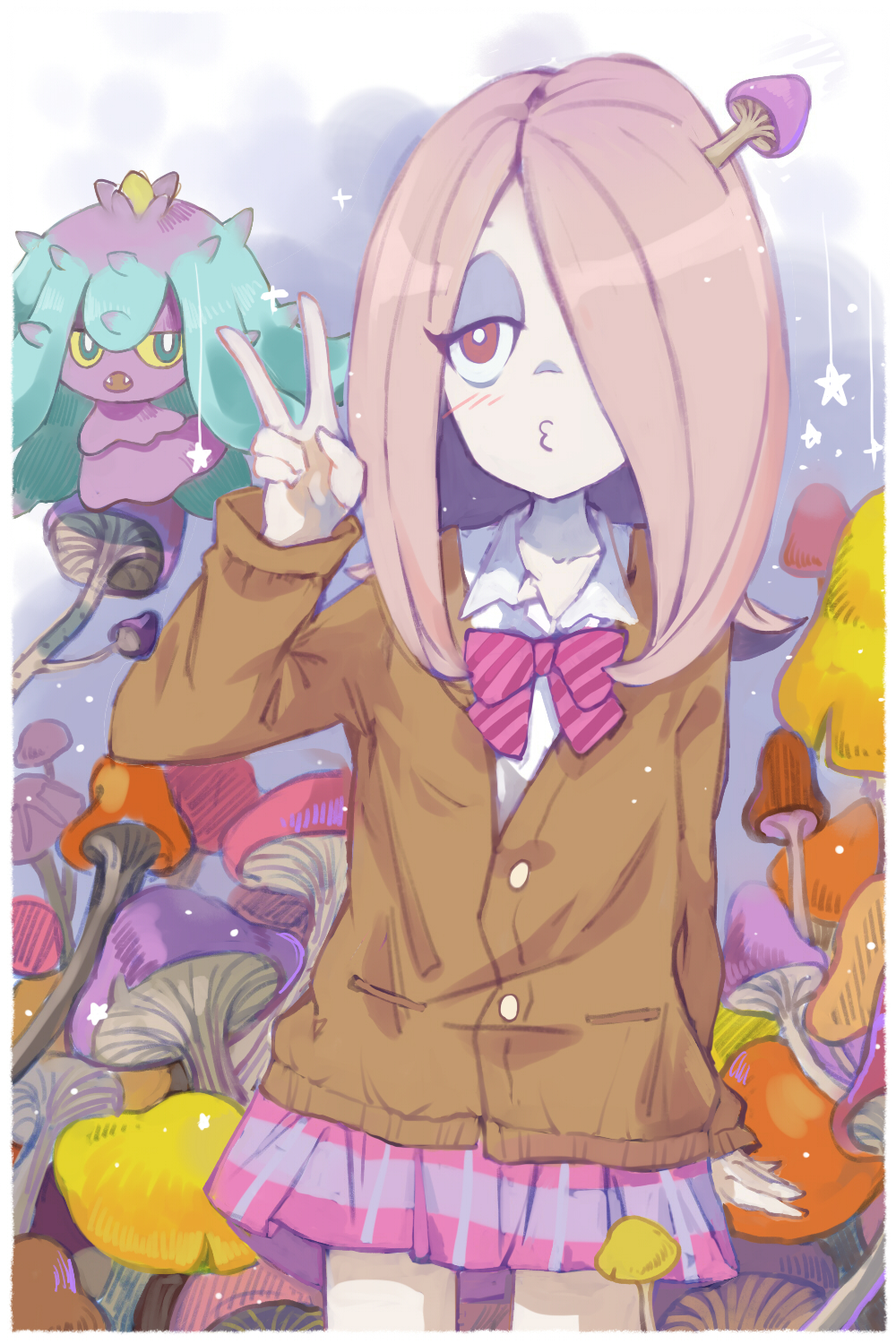 1girl, blush, border, bow, bright_pupils, brown_cardigan, cardigan, cowboy_shot, crossover, eyelashes, gen_7_pokemon, hair_over_one_eye, highres, little_witch_academia, long_hair, looking_at_viewer, mareanie, mushroom, mushroom_on_head, nintendo, plaid_clothes, plaid_skirt, pokemon, pokemon_(creature), purple_hair, school_uniform, skirt, striped_bow, sucy_manbavaran, v, white_border, white_pupils, zrae