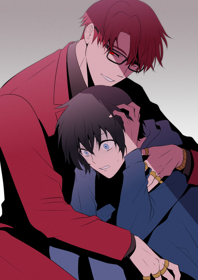 2boys, black_hair, blue_eyes, blue_hoodie, choi_jong-in, formal_clothes, glasses, hood