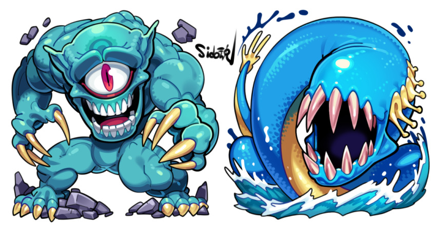 claws, cyclops, duel_monster, full_body, hitotsu-me_giant, looking_at_viewer, monster, no_humans, ocean_dragon_lord_-_kairyu-shin, one-eyed, open_mouth, red_eyes, sharp_teeth, sido_(slipknot), signature, simple_background, slit_pupils, teeth, water, white_background, yu-gi-oh!