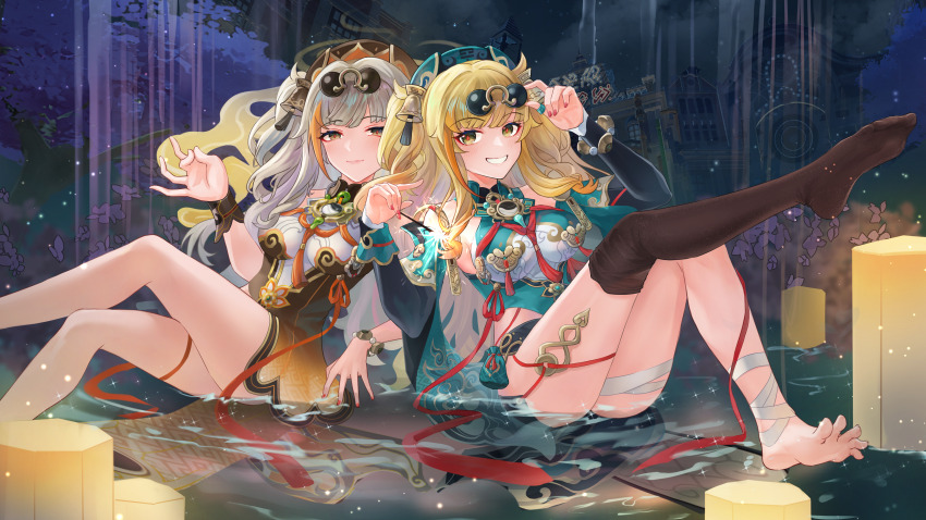 1girl, absurdres, asymmetrical_legwear, bandaged_ankle, bare_shoulders, barefoot, bell, blonde_hair