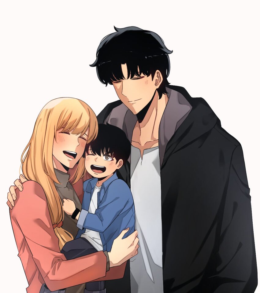1girl, 2boys, black_hair, black_hoodie, blonde_hair, blue_jacket, cha_hae-in, child