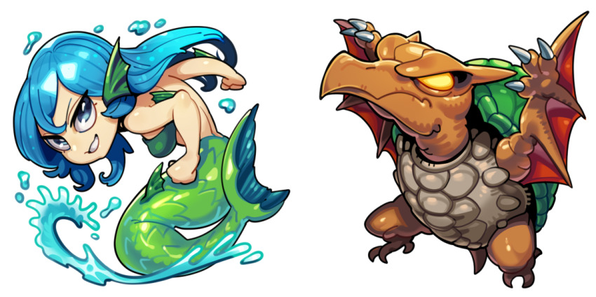 1girl, amazon_of_the_seas, bare_back, bikini, blue_eyes, blue_hair, character_request, clenched_hands, dinosaur, duel_monster, eyelashes, fins, full_body, green_bikini, grin, head_fins, looking_at_viewer, mermaid, monster_girl, sido_(slipknot), simple_background, smile, swimsuit, turtle_bird, turtle_shell, water, white_background, yellow_eyes, yu-gi-oh!