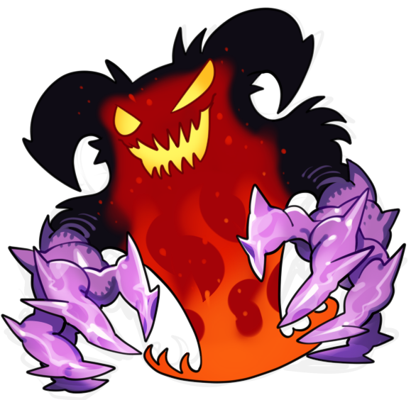 claws, commentary_request, demon, despair_from_the_dark, duel_monster, fire, full_body, horns, no_humans, open_mouth, sharp_teeth, sido_(slipknot), simple_background, teeth, white_background, yellow_eyes, yu-gi-oh!