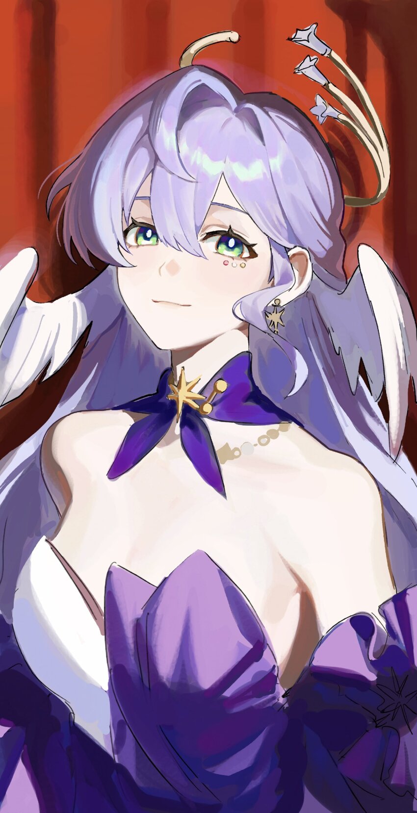 1girl, 42u16, breasts, detached_sleeves, dress, earrings, feathered_wings, green_eyes