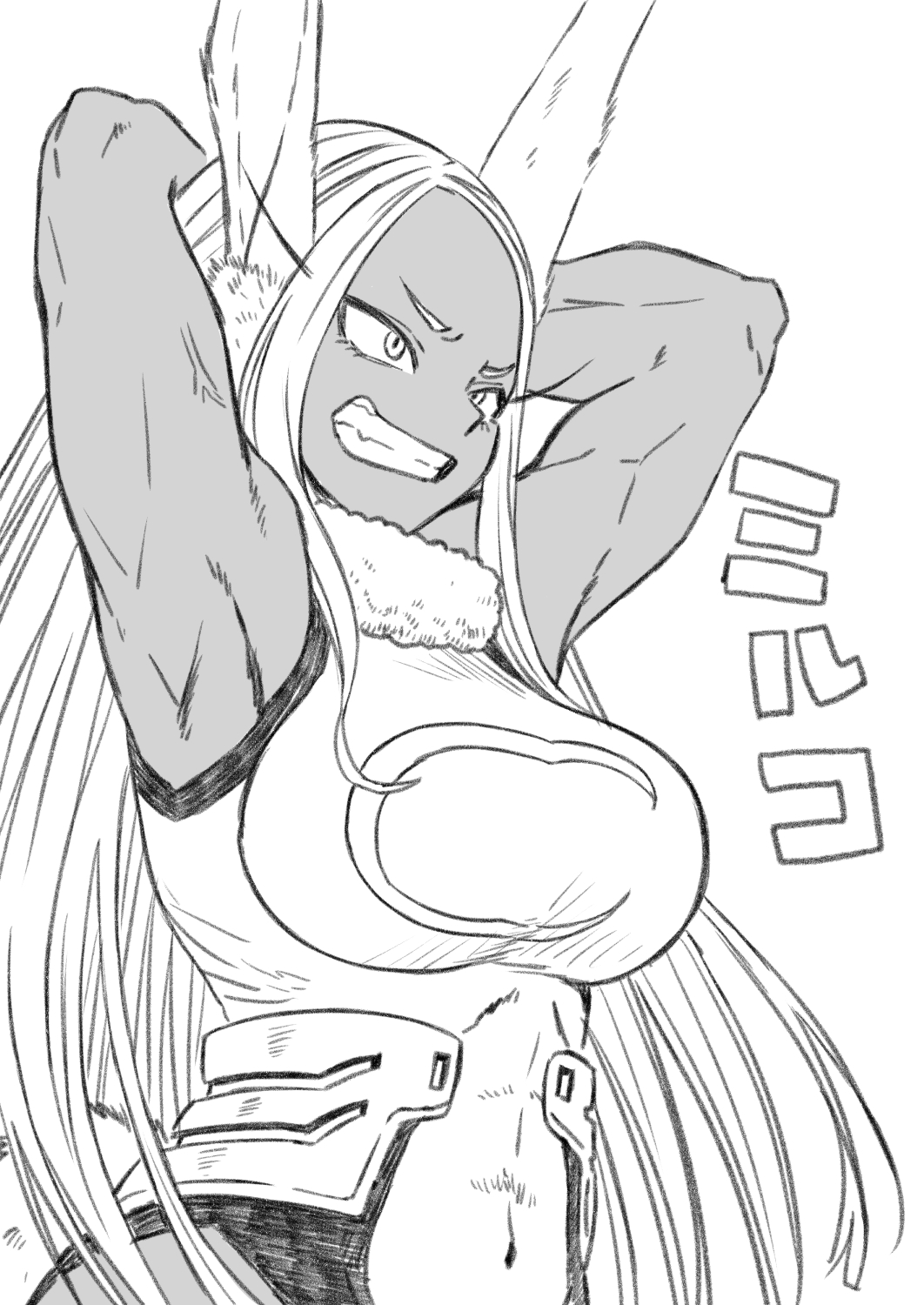 1girl, animal_ears, armpits, arms_behind_head, bare_shoulders, boku_no_hero_academia, breasts, covered_abs