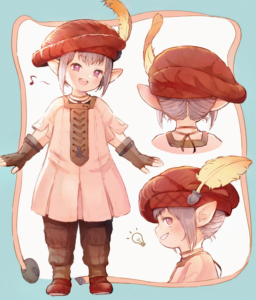 1girl, :d, beret, blue_border, border, brown_gloves, brown_pants, dress