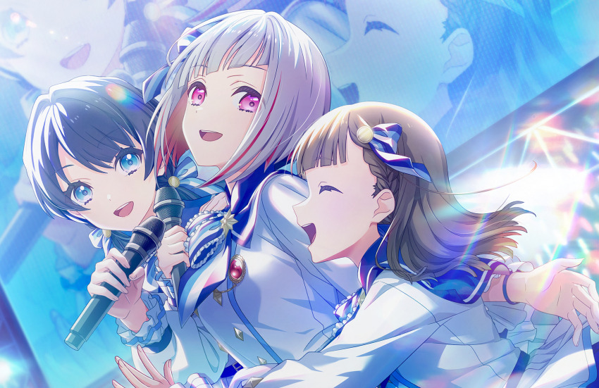 365_days_(love_live!), 3girls, :d, audience, blue_bow, blue_bowtie, blue_eyes, blue_hair