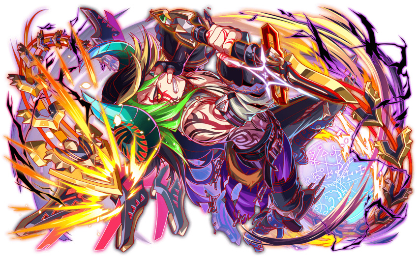 1boy, alternate_costume, alternate_eye_color, alternate_hair_color, alternate_horns, angry, arm_tattoo, artist_request, azazel_(crash_fever), bare_pectorals, bare_shoulders, belt, black_belt, black_hair, black_pants, blonde_hair, cel_shading, clenched_teeth, crash_fever, detached_sleeves, from_above, full_body, game_cg, green_eyes, green_hair, hand_on_own_face, heterochromia, holding, holding_weapon, leaning_back, multicolored_hair, official_alternate_costume, official_alternate_eye_color, official_alternate_hair_color, official_alternate_horns, official_art, outline, pants, pectorals, purple_sarong, red_outline, red_scarf, sarong, scarf, solo, standing, stomach_tattoo, tachi-e, tattoo, teeth, third-party_source, torn_clothes, torn_sarong, transparent_background, weapon, yellow_eyes