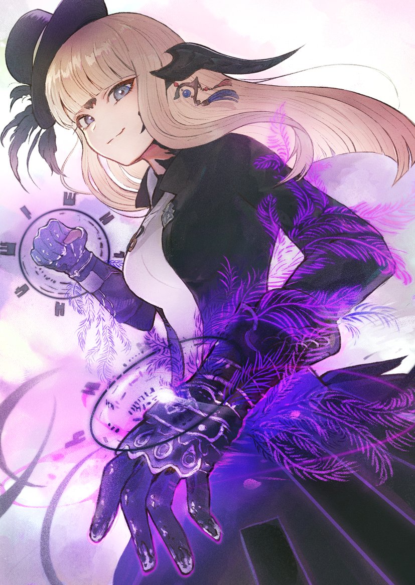1girl, au_ra, black_dress, black_hat, black_mage_(final_fantasy), blue_eyes, blunt_bangs, blunt_ends, casting_spell, clenched_hand, cowboy_shot, dragon_horns, dress, final_fantasy, final_fantasy_xiv, from_side, gloves, hat, hat_feather, horn_earrings, horn_ornament, horns, long_hair, looking_at_viewer, magic, mugi_kosuta, purple_gloves, scales, shirt, simple_background, smile, solo, straight_hair, top_hat, warrior_of_light_(ff14), white_background, white_shirt