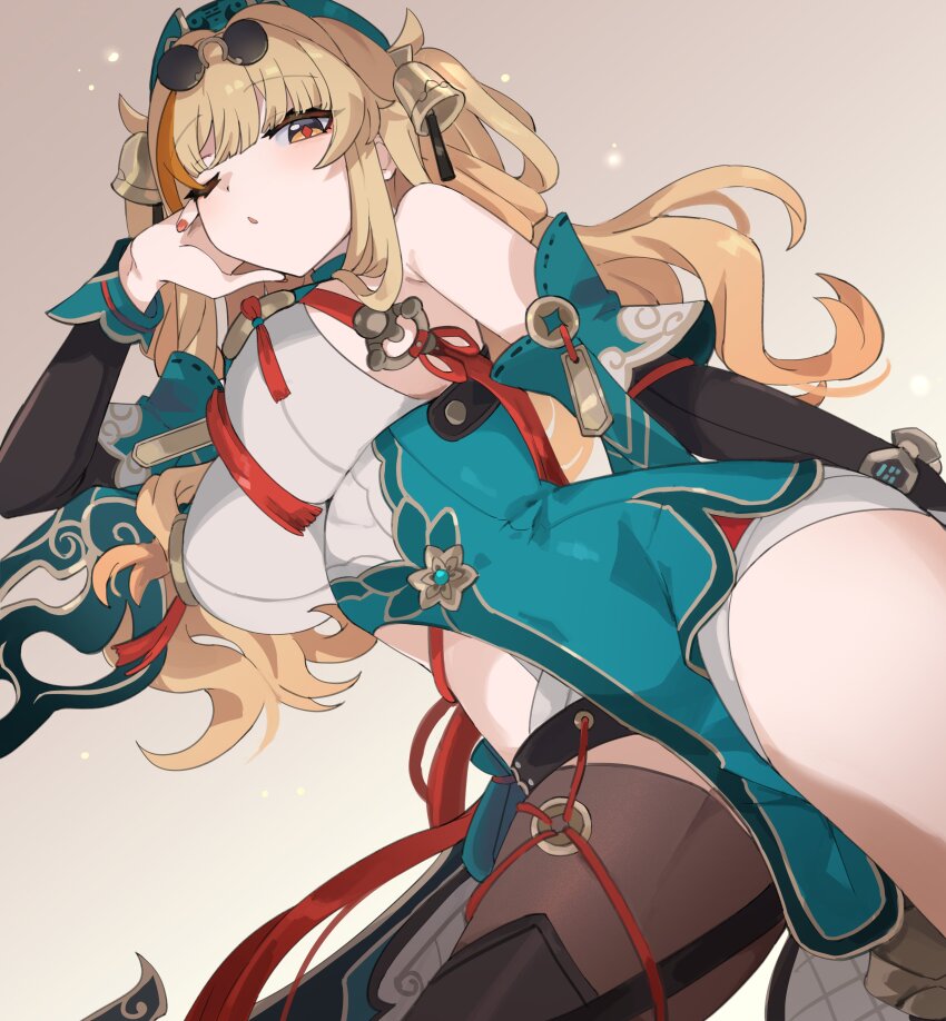 1girl, absurdres, aqua_dress, aqua_hat, armpit_crease, awe_(adorableduckyy), bare_shoulders, black_sleeves