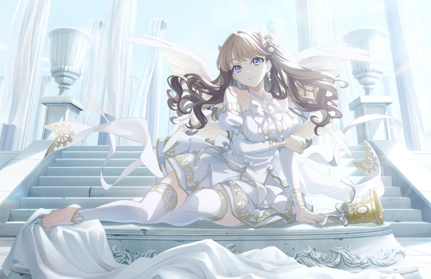 1girl, angel_wings, arm_under_breasts, barefoot, bell, bow, breasts, brown_hair, collarbone, detached_leggings, detached_sleeves, dress, ether_aria_(love_live!), feathered_wings, frilled_dress, frills, fujishima_megumi, full_body, game_cg, grin, hair_bow, halterneck, handbell, highres, juliet_sleeves, large_breasts, link!_like!_love_live!, long_hair, long_sleeves, looking_at_viewer, love_live!, multiple_wings, official_alternate_costume, official_art, over-kneehighs, parted_lips, pillar, puffy_sleeves, purple_eyes, short_dress, sitting, sleeveless, sleeveless_dress, smile, solo, stairs, striped_bow, thighhighs, third-party_source, virtual_youtuber, wavy_hair, white_bow, white_thighhighs, white_wings, wings, yokozuwari