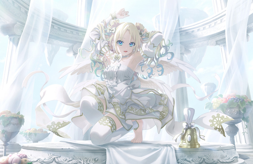 1girl, :d, angel_wings, apple, armpits, arms_up, barefoot, bell, blonde_hair, blue_eyes, blue_hair, bow, bow_choker, breasts, center_frills, choker, collarbone, detached_leggings, detached_sleeves, double_bun, dress, ether_aria_(love_live!), feathered_wings, floating_island, food, frilled_dress, frills, fruit, full_body, game_cg, gradient_hair, grapes, hair_bow, hair_bun, handbell, highres, juliet_sleeves, light_blue_hair, link!_like!_love_live!, long_hair, long_sleeves, looking_at_viewer, love_live!, multicolored_hair, multiple_wings, official_alternate_costume, official_alternate_hairstyle, official_art, on_one_knee, open_mouth, osawa_rurino, over-kneehighs, pillar, puffy_sleeves, short_dress, small_breasts, smile, solo, strapless, strapless_dress, thighhighs, third-party_source, virtual_youtuber, white_bow, white_choker, white_thighhighs, white_wings, wings