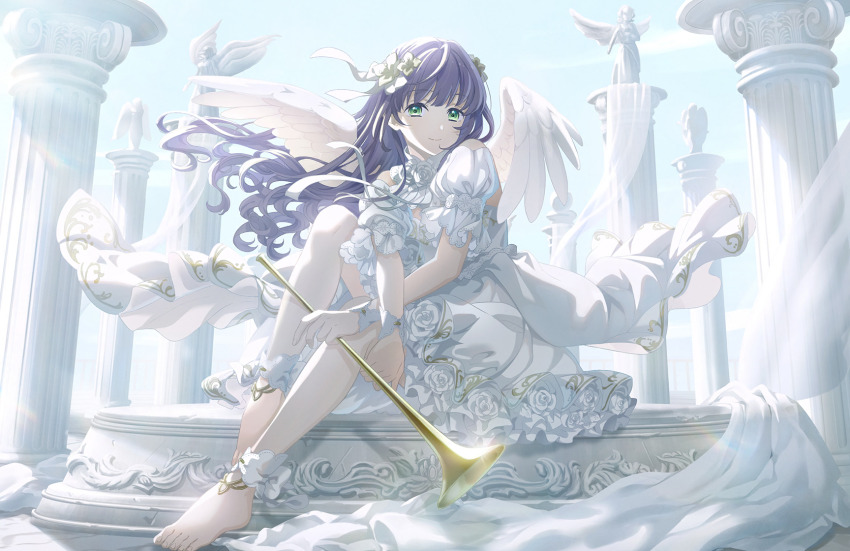 1girl, angel_wings, barefoot, closed_mouth, detached_sleeves, dress, ether_aria_(love_live!), feathered_wings