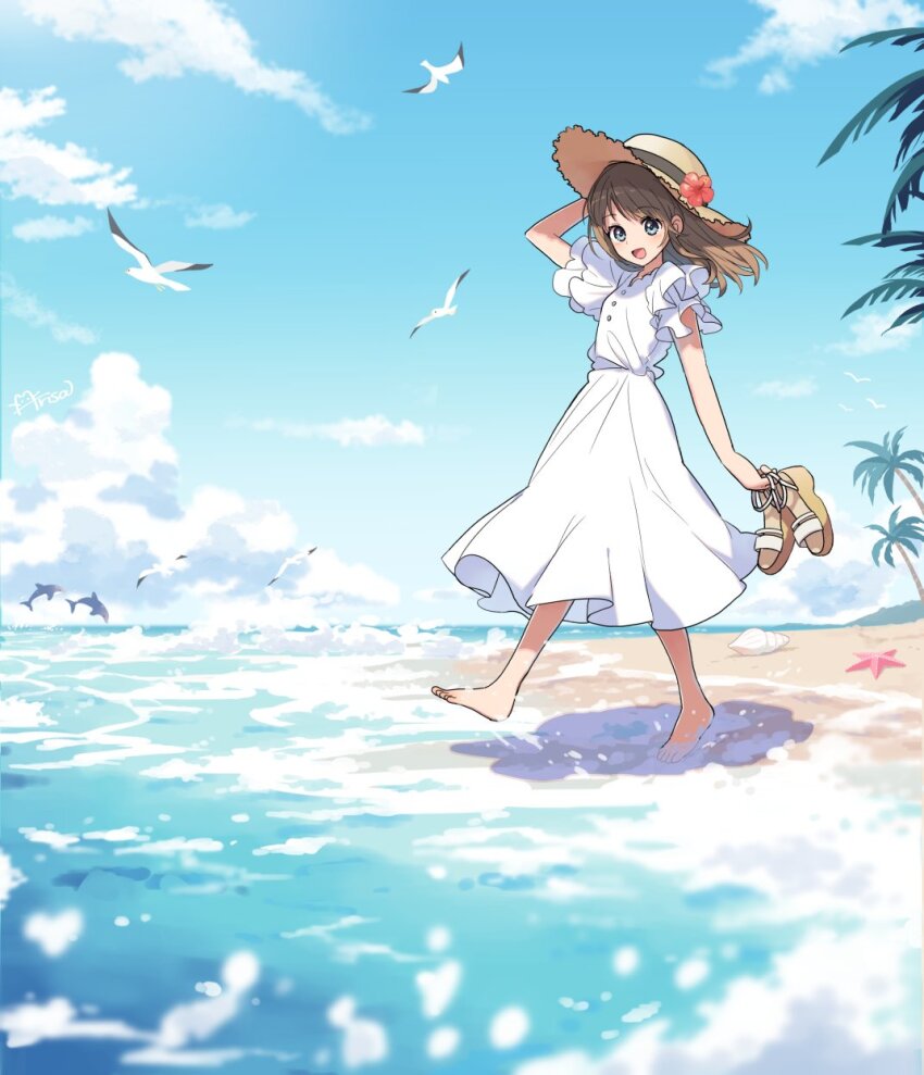 1girl, arisa_(aren), artist_name, barefoot, beach, bird, blue_sky, brown_hair