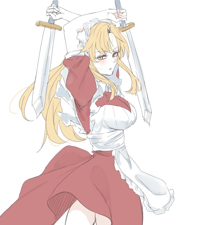 1girl, apron, arms_up, blonde_hair, blush, commentary, dress, highres, holding, holding_sword, holding_weapon, kanaria_(bcomn), long_hair, looking_at_viewer, maid, maid_headdress, open_mouth, red_dress, short_sleeves, simple_background, solo, sword, touhou, touhou_(pc-98), weapon, white_apron, white_background, yellow_eyes, yumeko_(touhou)
