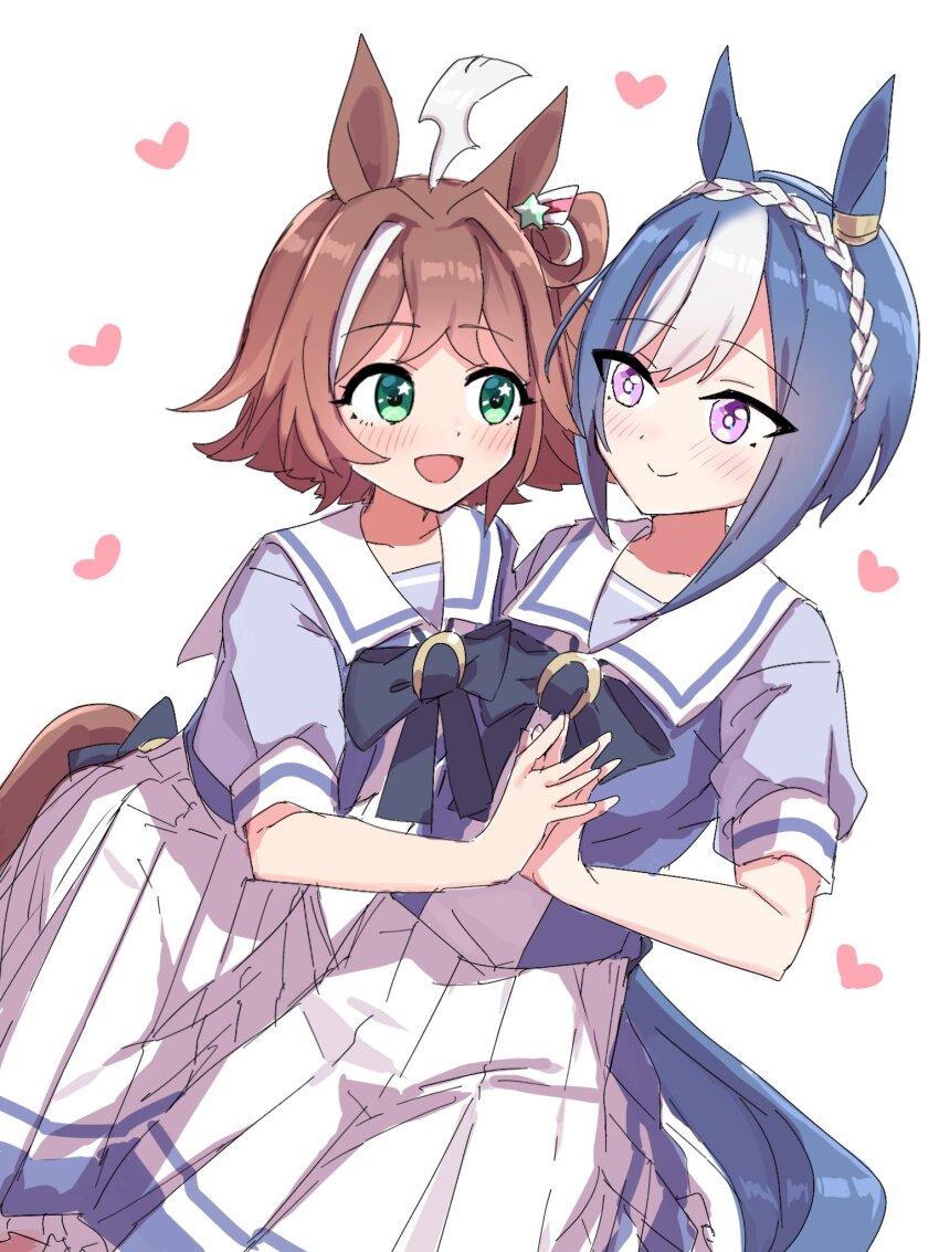 2girls, ahoge, animal_ears, blue_hair, blush, braid, breasts, brown_hair