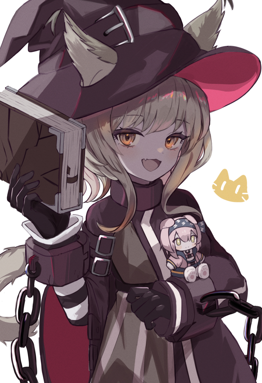 1girl, animal_ears, animal_print, arknights, arm_up, black_gloves, book, cat_print