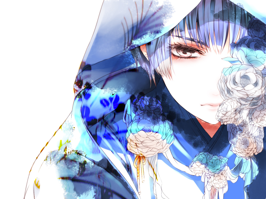 1boy, axis_powers_hetalia, bad_id, bad_pixiv_id, blue_flower, blue_rose, brown_eyes, flower, highres, hood, japan_(hetalia), light_purple_hair, male_focus, multicolored_flower, multicolored_rose, purple_hair, rga_(ansm), rose, solo, white_flower, white_rose
