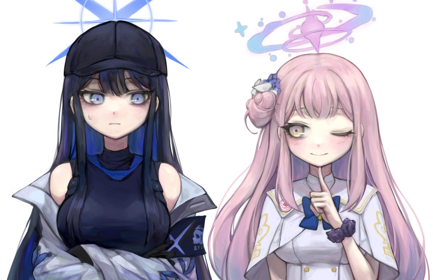 2girls, :|, ;), absurdres, armband, bags_under_eyes, bare_shoulders, baseball_cap