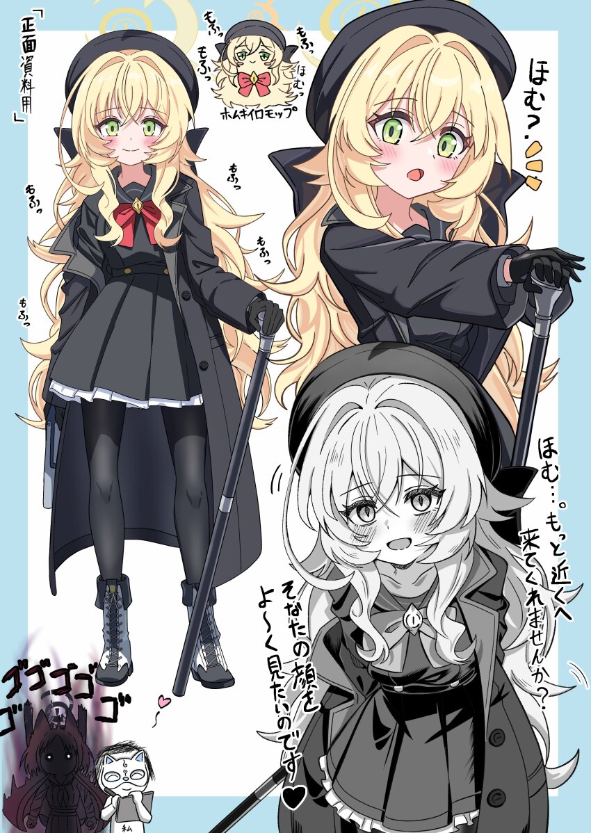 1boy, 2girls, absurdres, beret, blonde_hair, blue_archive, collarbone, commentary_request