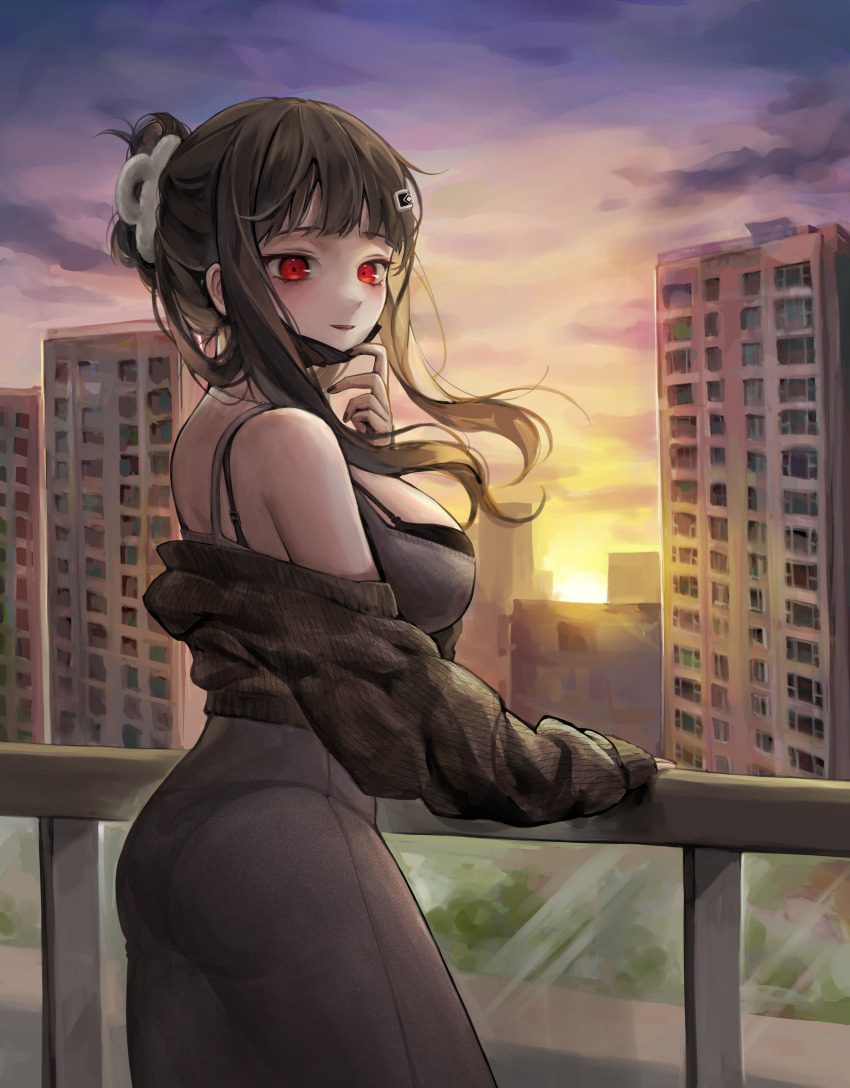 1girl, absurdres, against_railing, bare_shoulders, black_bra, black_cardigan, black_hair, black_nails