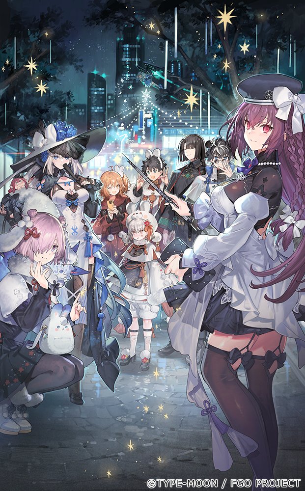 3boys, 6+girls, :3, adjusting_eyewear, ahoge, anger_vein, animal_ears, animal_hood, back_cutout, backpack, bag, baobhan_sith_(fate), beret, black_bow, black_hair, black_pantyhose, black_shirt, blonde_hair, blue_eyes, blue_flower, blue_rose, blush, boots, bow, braid, braided_ponytail, breasts, building, cameo, capelet, chaldea_logo, changpao, charlemagne_(chinese_ver._7th_anniversary)_(fate), charlemagne_(fate), chinese_clothes, city, cleavage, closed_eyes, clothing_cutout, coat, contrapposto, double_bun, double_v, dress, fake_animal_ears, fate/grand_order, fate_(series), fishnet_gloves, fishnet_thighhighs, fishnets, flower, flower_knot, flying, folding_fan, fou_(fate), fujimaru_ritsuka_(female), fujimaru_ritsuka_(female)_(chinese_ver._7th_anniversary), fujimaru_ritsuka_(male), fujimaru_ritsuka_(male)_(chinese_ver._7th_anniversary), fur-trimmed_boots, fur_collar, fur_trim, glasses, gloves, hair_bow, hair_bun, hair_ornament, hair_over_one_eye, hand_fan, handbag, hat, hat_bow, hat_flower, high_collar, holding, holding_bag, holding_fan, holding_wand, hood, hood_down, hooded_coat, kama_(chinese_ver._7th_anniversary)_(fate), kama_(fate), kama_(first_ascension)_(fate), kama_(young)_(fate), legwear_cutout, long_hair, long_sleeves, looking_at_viewer, mash_kyrielight, melusine_(fate), morgan_le_fay_(chinese_ver._7th_anniversary)_(fate), morgan_le_fay_(fate), multicolored_hair, multiple_boys, multiple_girls, night, official_art, one_eye_closed, open_mouth, orange_bow, orange_hair, pantyhose, pink_eyes, pink_hair, pointy_ears, pom_pom_(clothes), ponytail, pout, purple_hair, rabbit_ears, rabbit_hair_ornament, rabbit_hood, red_coat, rose, round_eyewear, saint_quartz_(fate), scathach_(fate), scathach-skadi_(fate), shirt, short_hair, shorts, side_braid, side_ponytail, sky, smile, socks, squatting, standing, star_(symbol), starshadowmagician, streaked_hair, taigong_wang_(fate), tassel, thighhighs, tree, v, v-shaped_eyebrows, wand, white_bag, white_bow, white_capelet, white_dress, white_hair, white_shorts, white_socks, yellow_eyes, zettai_ryouiki