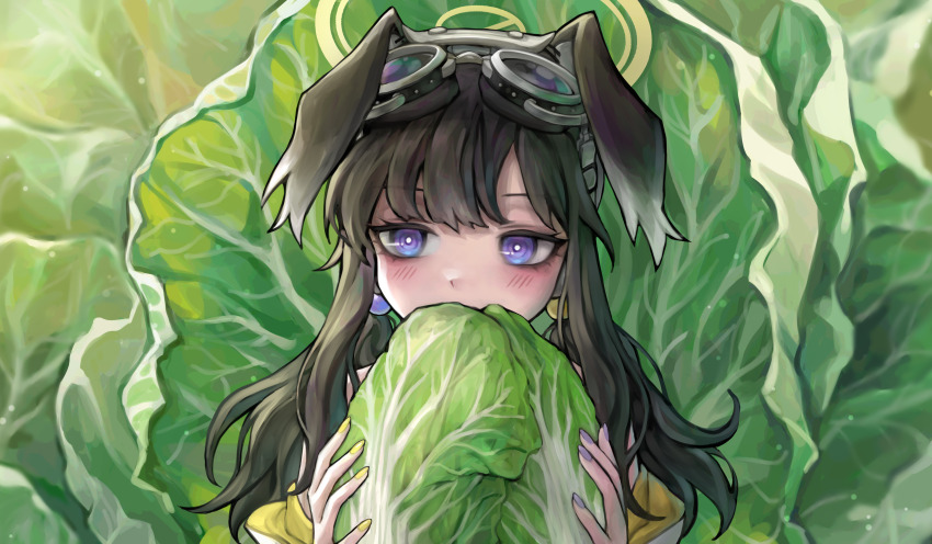 1girl, absurdres, animal_ears, bags_under_eyes, bare_shoulders, black_hair, blue_archive, blurry, blurry_background, bok_choy, bright_pupils, covering_own_mouth, dog_ears, food, food-themed_background, goggles, goggles_on_head, hair_bobbles, hair_ornament, hibiki_(blue_archive), highres, holding, holding_food, jacket, jiyuneva, light_blush, light_particles, long_hair, looking_to_the_side, low_twintails, multicolored_nails, off_shoulder, purple_eyes, purple_nails, sidelocks, sunlight, twintails, upper_body, white_pupils, yellow_jacket, yellow_nails