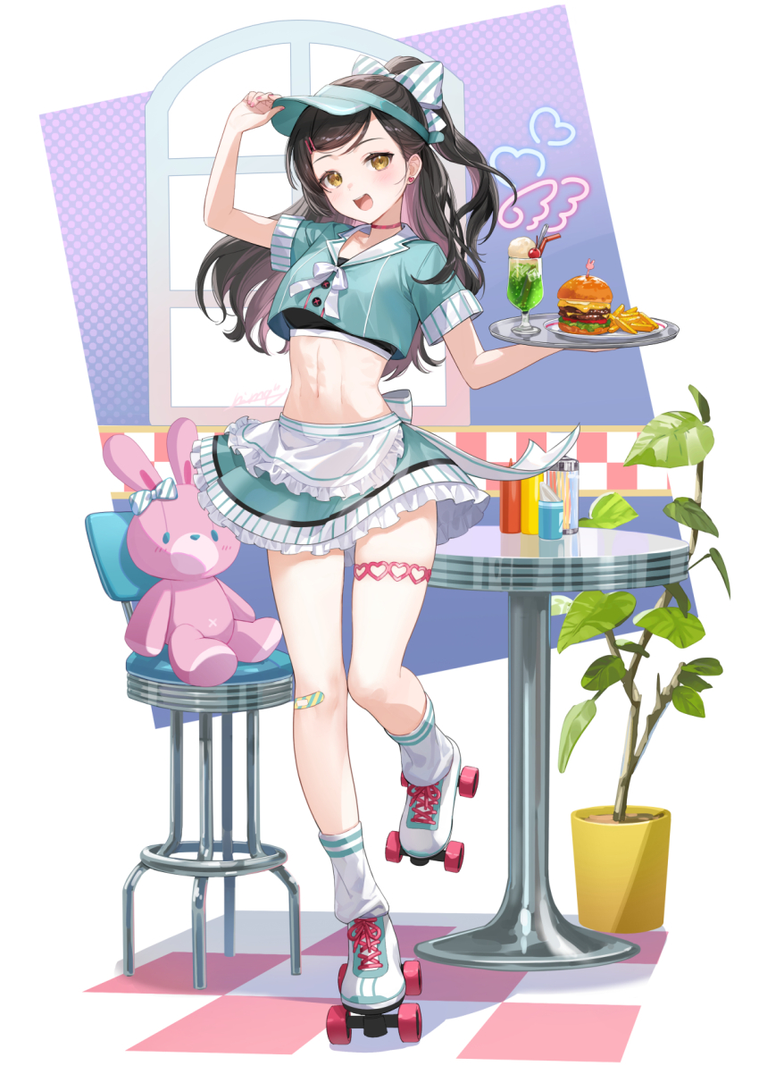 1girl, apron, bendy_straw, blue_shirt, blue_skirt, bow, breasts, burger