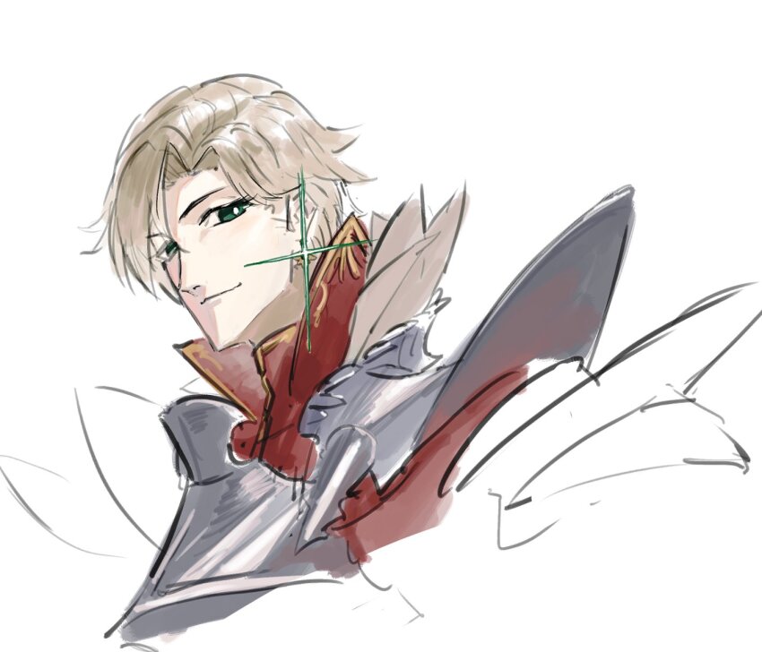 1boy, armor, blonde_hair, commentary, cropped_torso, green_eyes, hashtag-only_commentary, highres