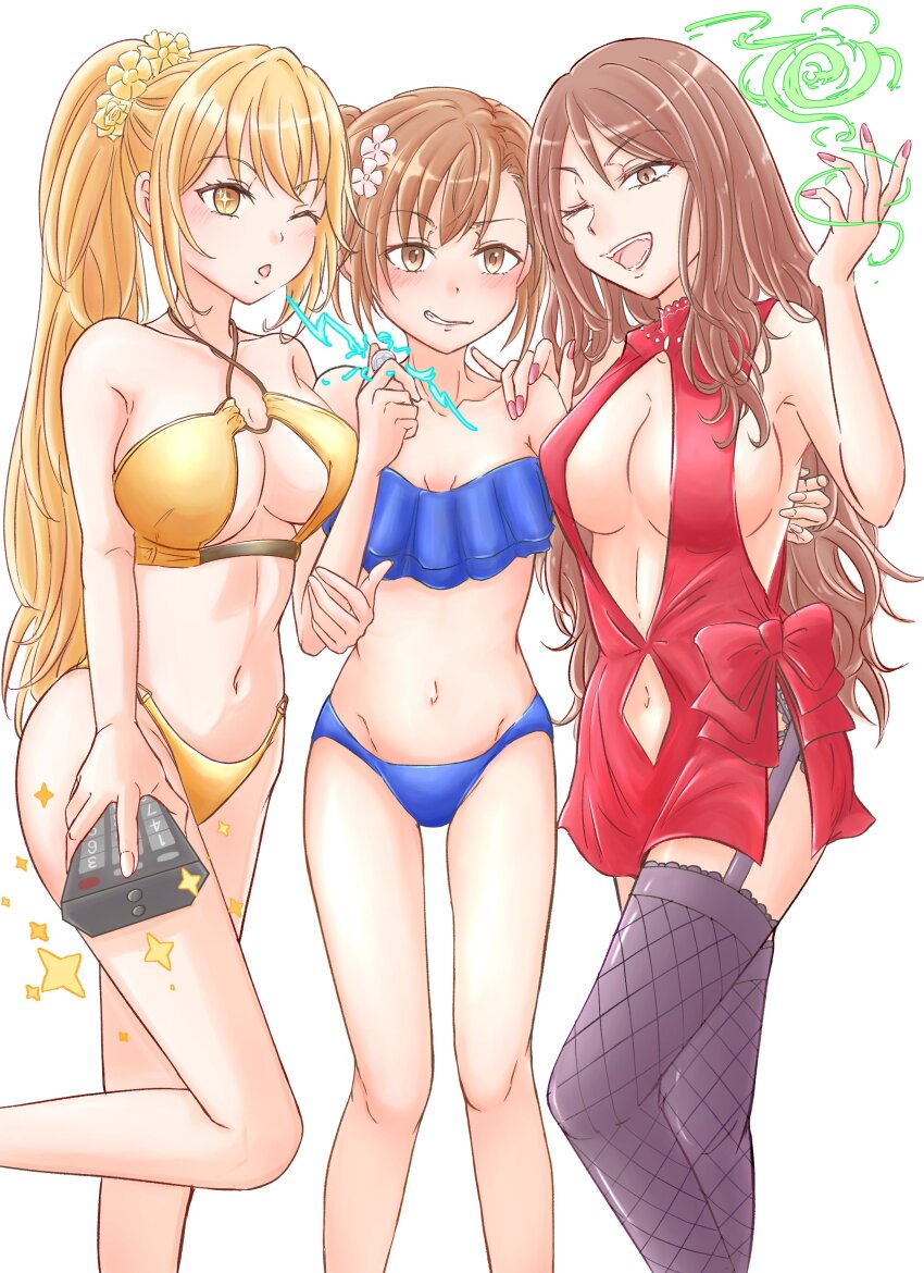 3girls, ;d, absurdres, asymmetrical_bangs, bikini, black_garter_belt, blonde_hair, breasts, brown_eyes, brown_hair, coin, commentary, controller, electricity, electrokinesis, english_commentary, fishnet_thighhighs, fishnets, forced_smile, garter_belt, hair_ornament, hairpin, hand_on_another's_shoulder, highres, holding, holding_coin, holding_controller, holding_remote_control, komemogoo, large_breasts, long_hair, looking_at_viewer, misaka_mikoto, mugino_shizuri, multiple_girls, navel, one-piece_swimsuit, one_eye_closed, open_mouth, ponytail, psychic, red_nails, red_one-piece_swimsuit, remote_control, shokuhou_misaki, small_breasts, smile, sparkling_eyes, star_(symbol), swimsuit, thighhighs, toaru_kagaku_no_railgun, toaru_majutsu_no_index, white_background, yellow_bikini, yellow_eyes