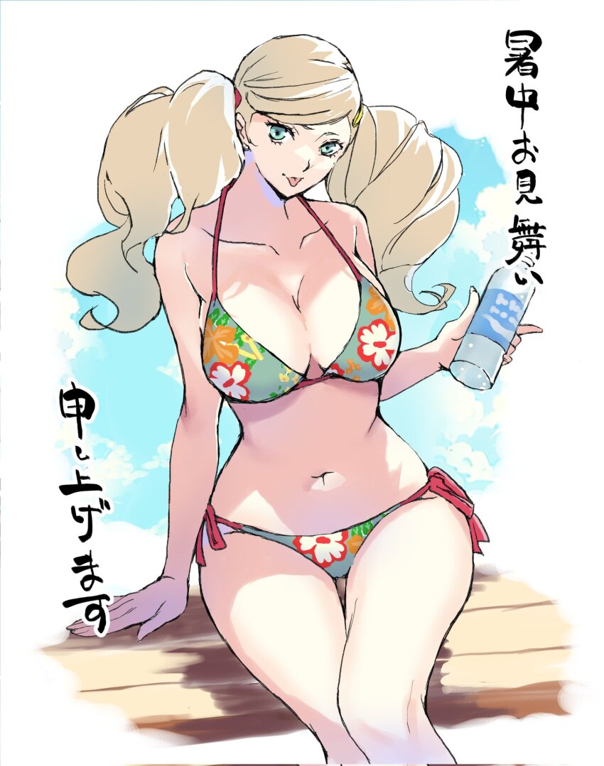 1girl, bikini, blonde_hair, blue_eyes, blush, breasts, floral_print, floral_print_bikini, hair_ornament, hairclip, highres, kame_misaki, large_breasts, long_hair, looking_at_viewer, navel, persona, persona_5, print_bikini, smile, solo, swimsuit, takamaki_anne, twintails