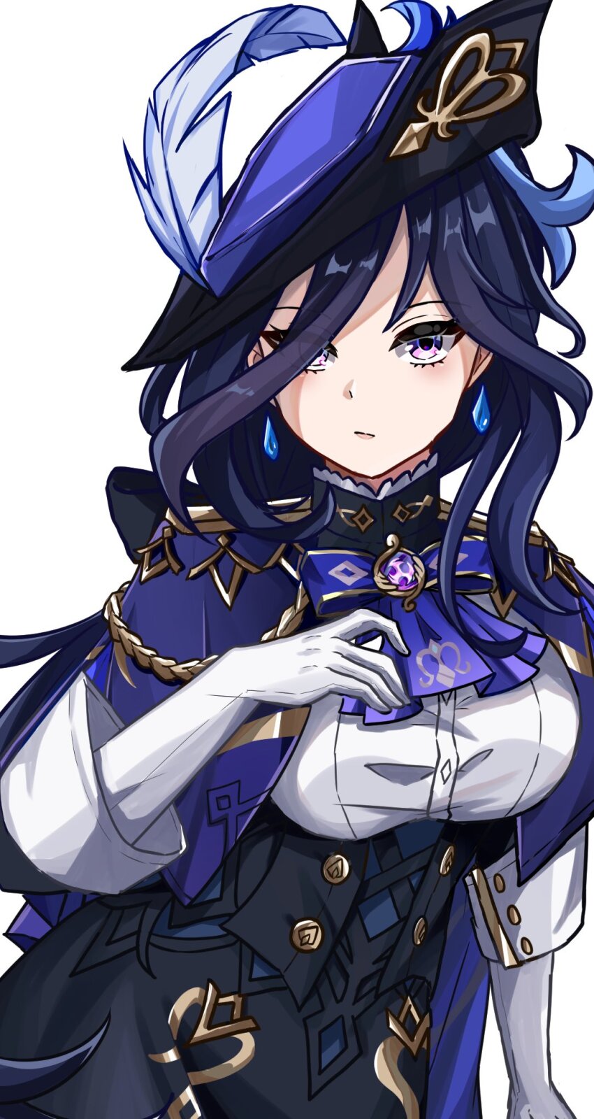 1girl, ascot, black_hair, black_skirt, blue_ascot, clorinde_(genshin_impact), corset, earrings