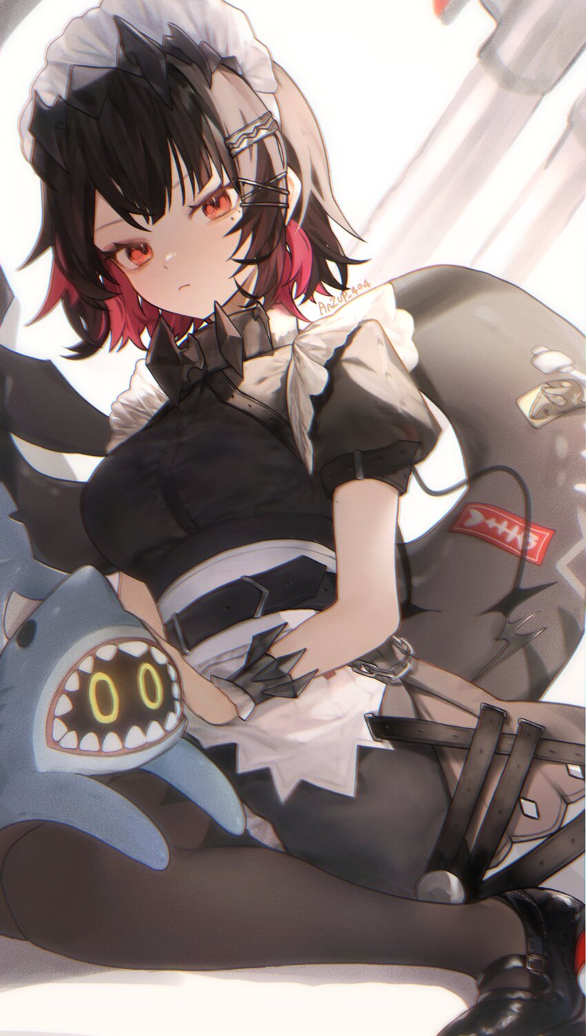 1girl, absurdres, anzup_404, black_hair, black_pantyhose, closed_mouth, colored_inner_hair, ellen_joe