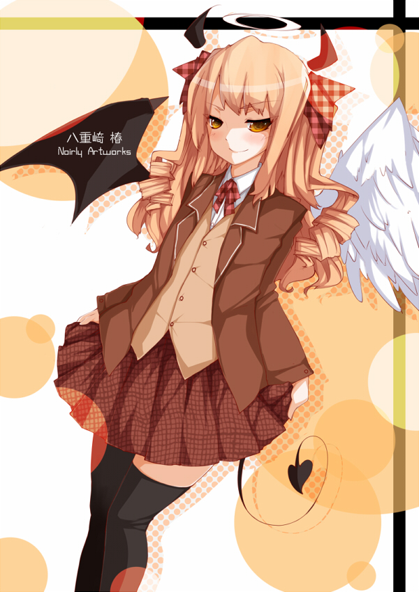 1boy, horns, male_focus, noirly, original, reversible_school_life, skirt, solo, thighhighs, trap, wings, yaezaki_tsubaki