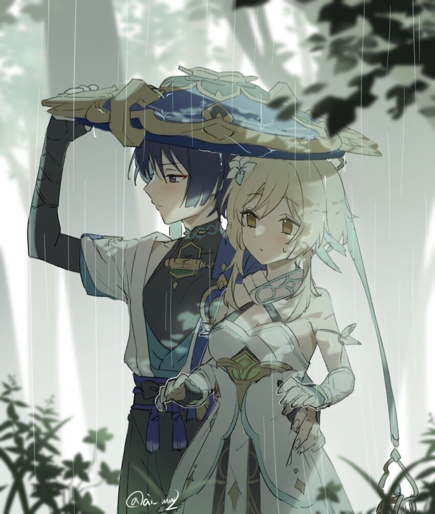 1boy, 1girl, akasaki_aimu, armor, bare_shoulders, black_bodysuit, black_bow, black_eyes, black_hair, blonde_hair, blue_cape, blue_hat, blunt_ends, bodysuit, bow, breasts, cape, cleavage, collarbone, couple, detached_sleeves, dress, feather_hair_ornament, feathers, flower, genshin_impact, gold, grass, hair_flower, hair_ornament, hand_on_another's_hip, hand_up, hat, hetero, highres, holding, holding_unworn_clothes, holding_unworn_hat, japanese_armor, japanese_clothes, jingasa, kimono, kote, kurokote, leaf, light_blush, lumine_(genshin_impact), mandarin_collar, parted_bangs, rain, scaramouche_(genshin_impact), scarf, short_hair_with_long_locks, sidelocks, sweatdrop, tassel, tree, twitter_username, unworn_hat, unworn_headwear, vision_(genshin_impact), wanderer_(genshin_impact), white_dress, white_kimono, white_scarf, white_sleeves, yellow_eyes