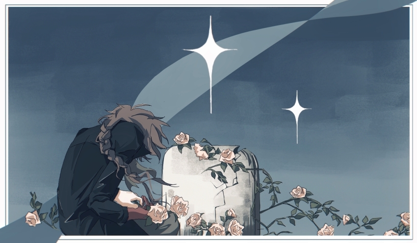 1boy, black_coat, black_pants, blue_sky, border, braid, brown_hair, chinese_commentary, coat, commentary_request, crack, green_scarf, harada_minoru, head_down, long_sleeves, male_focus, mutou_(wanniya88414), outdoors, pants, ribbon, saibou_shinkyoku, scarf, single_braid, sky, solo, sparkle, tombstone, white_border, white_ribbon