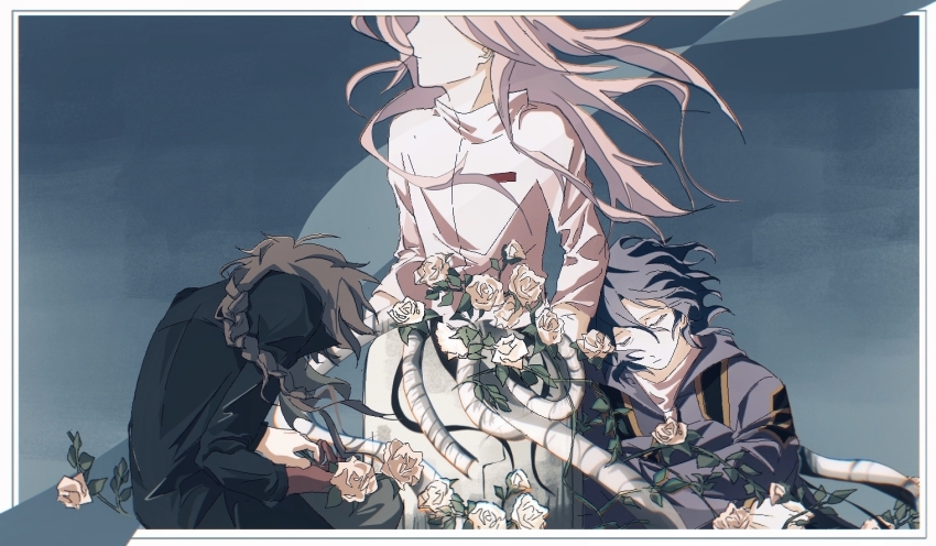 3boys, black_coat, black_hair, black_pants, blue_sky, border, braid, brown_hair