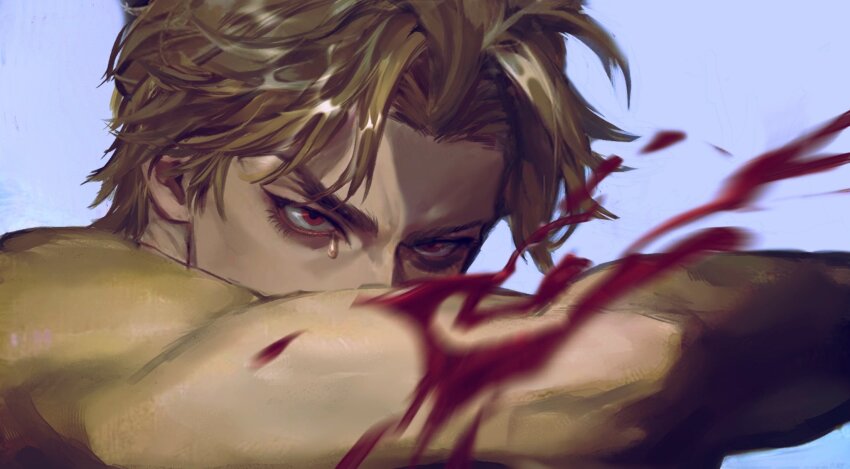 1boy, blonde_hair, blood, close-up, covered_mouth, dio_brando, eyelashes, the_fallen_angel_(painting)