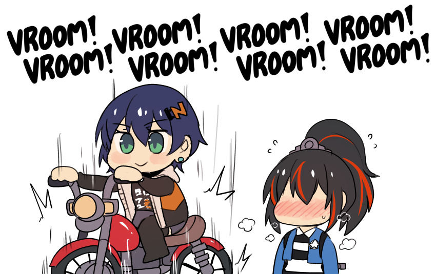 2girls, absurdres, belle_(zenless_zone_zero), black_hair, black_shirt, blue_hair, blush, chibi, green_eyes, hair_ornament, highres, hinghoi, implied_yuri, motor_vehicle, motorcycle, multicolored_hair, multiple_girls, nose_blush, plap_plap_plap_get_pregnant_(meme), red_hair, riding, shirt, short_hair, simple_background, smile, streaked_hair, upper_body, whooie, zenless_zone_zero, zhu_yuan