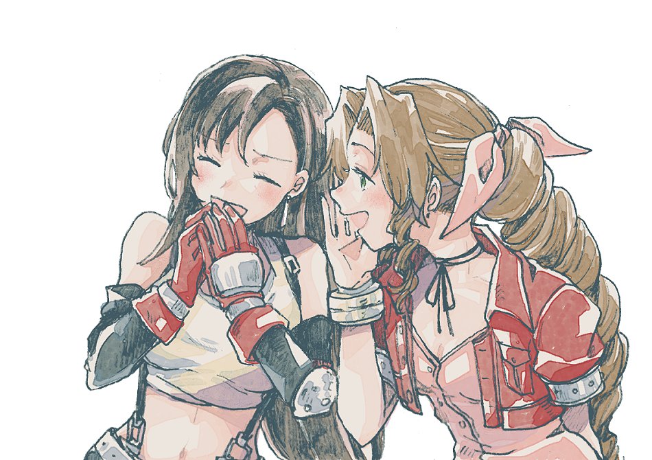 2girls, aerith_gainsborough, bangle, bare_shoulders, belt, black_gloves, black_hair, black_skirt