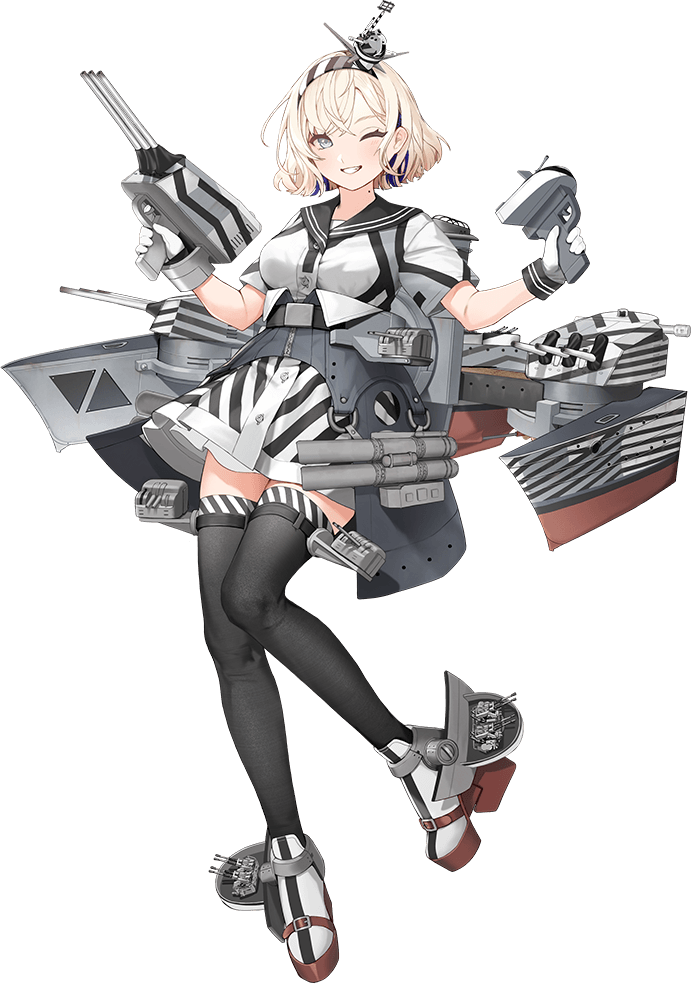 1girl, anti-aircraft, anti-aircraft_gun, blonde_hair, blue_hair, breasts, full_body, gloire_(kancolle)