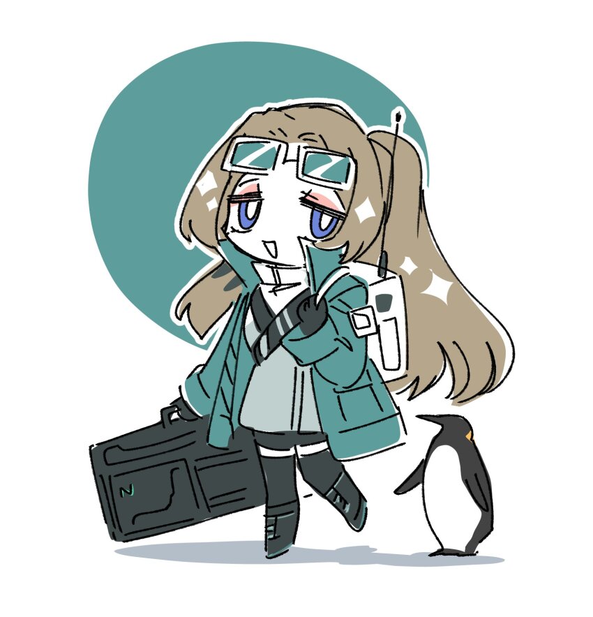 1girl, aqua_coat, bird, black_boots, blue_eyes, boots, brown_hair, coat
