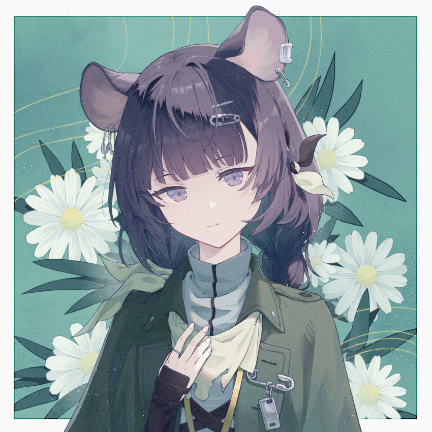 1girl, animal_ear_piercing, animal_ears, arknights, border, closed_mouth, fingernails, flower, green_background, green_jacket, grey_border, grey_shirt, hair_ornament, hairclip, hand_on_own_chest, hand_up, head_tilt, highres, jacket, light_smile, long_hair, looking_at_viewer, lutonada_(arknights), mouse_ears, mouse_girl, outside_border, purple_eyes, purple_hair, shirt, solo, turtleneck, turtleneck_shirt, upper_body, white_flower, yuling_jinyu537