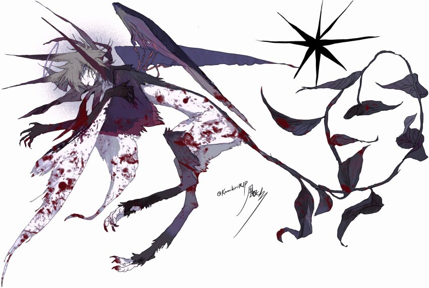 animal_ears, animal_feet, blonde_hair, blood, full_body, highres, kamikiririp, monster