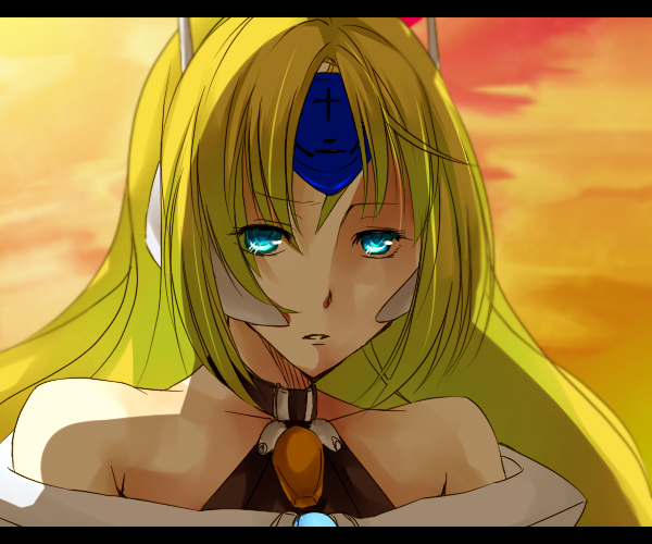 1girl, arc_system_works, bare_shoulders, blazblue, blonde_hair, blue_eyes, female_focus, gradient_background, headdress, long_hair, mannan, mu-12, solo