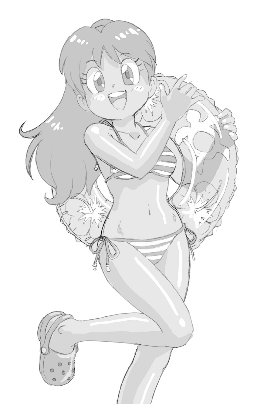 1girl, bikini, crocs, genji_tsuushin_agedama, greyscale, heike_ibuki, highres, holding, holding_swim_ring, innertube, long_hair, looking_at_viewer, mizutani_kenta, monochrome, navel, open_mouth, original, side-tie_bikini_bottom, simple_background, solo, standing, standing_on_one_leg, striped_bikini, striped_clothes, swim_ring, swimsuit, tenpuraken, white_background