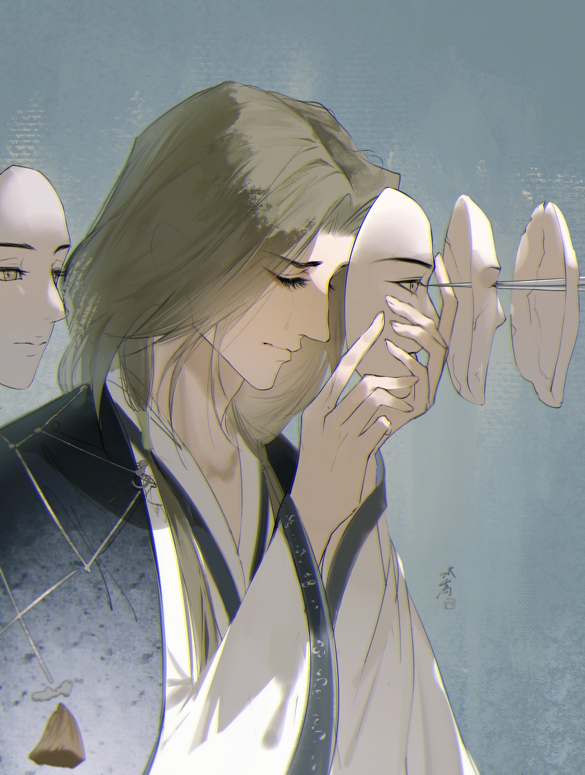 1boy, absurdres, blue_cape, brown_hair, cape, chinese_clothes, chunzhanjia, closed_eyes