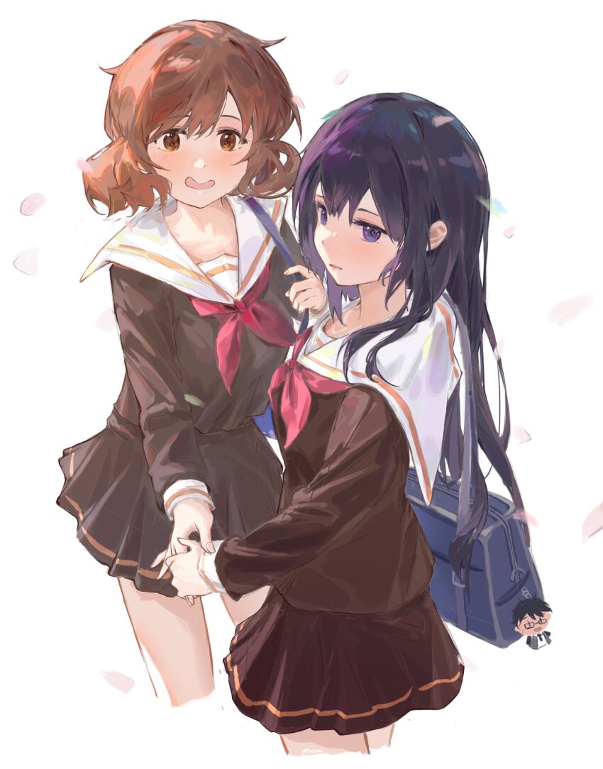 2girls, bag, blush, brown_eyes, brown_hair, brown_shirt, brown_skirt, curly_hair