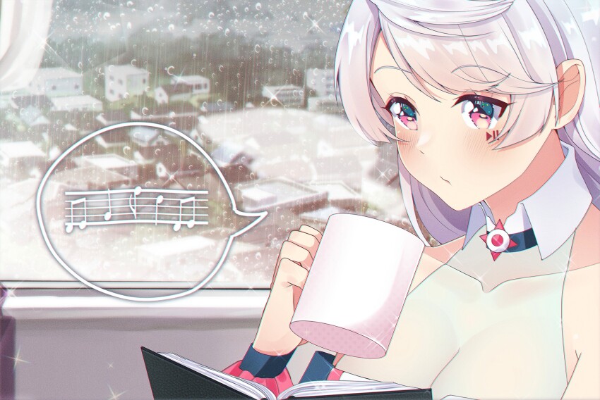 1girl, bare_shoulders, black_choker, black_wrist_cuffs, blush, book, breasts, choker