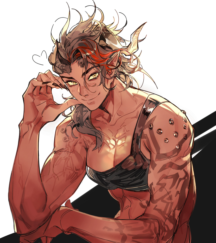 1girl, absurdres, arm_tattoo, baldur's_gate, baldur's_gate_3, black_nails, breasts, bskibskib, colored_skin, demon_horns, dungeons_&amp;_dragons, highres, horns, karlach, multicolored_hair, muscular, pointy_ears, red_skin, smile, solo, tattoo, yellow_eyes